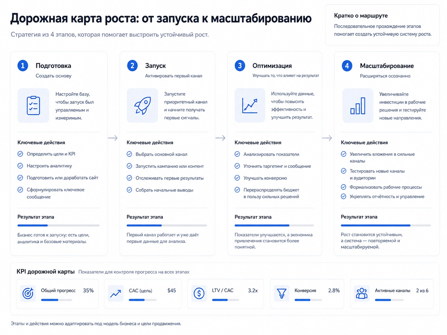 Дорожная карта из четырёх этапов: подготовка, запуск, оптимизация, масштабирование.